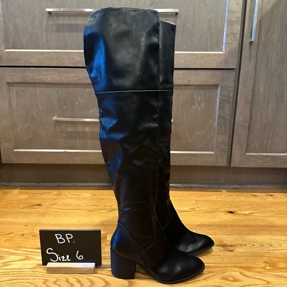 New Womens BP Luke Black Faux Leather Over The Knee Heeled Boots Size 6 M